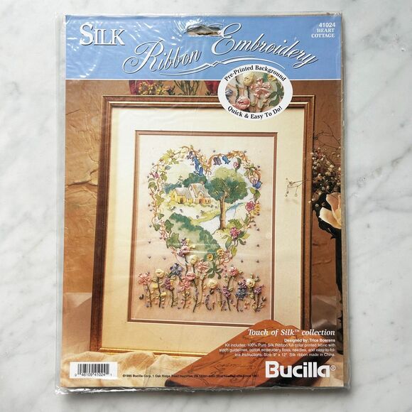 Bucilla Silk RIbbon Embroidery Kit Heart Cottage Flowers Quick & Easy 9" x 12" - Picture 1 of 4
